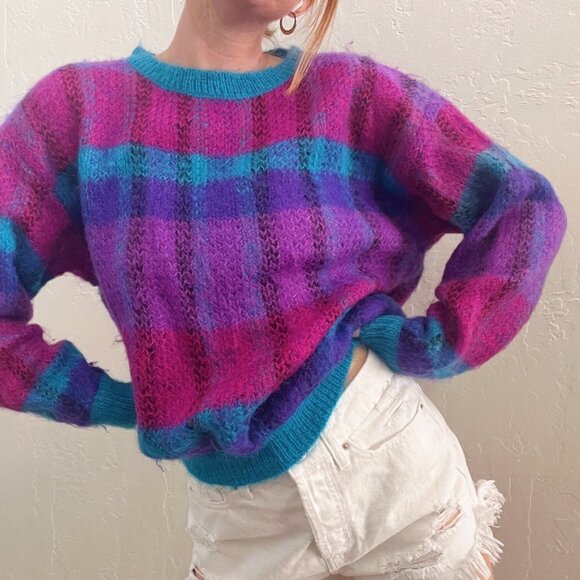 Vintage Sweaters - Vintage 1980's Mohair Blue Purple Plaid Crewneck Sweater